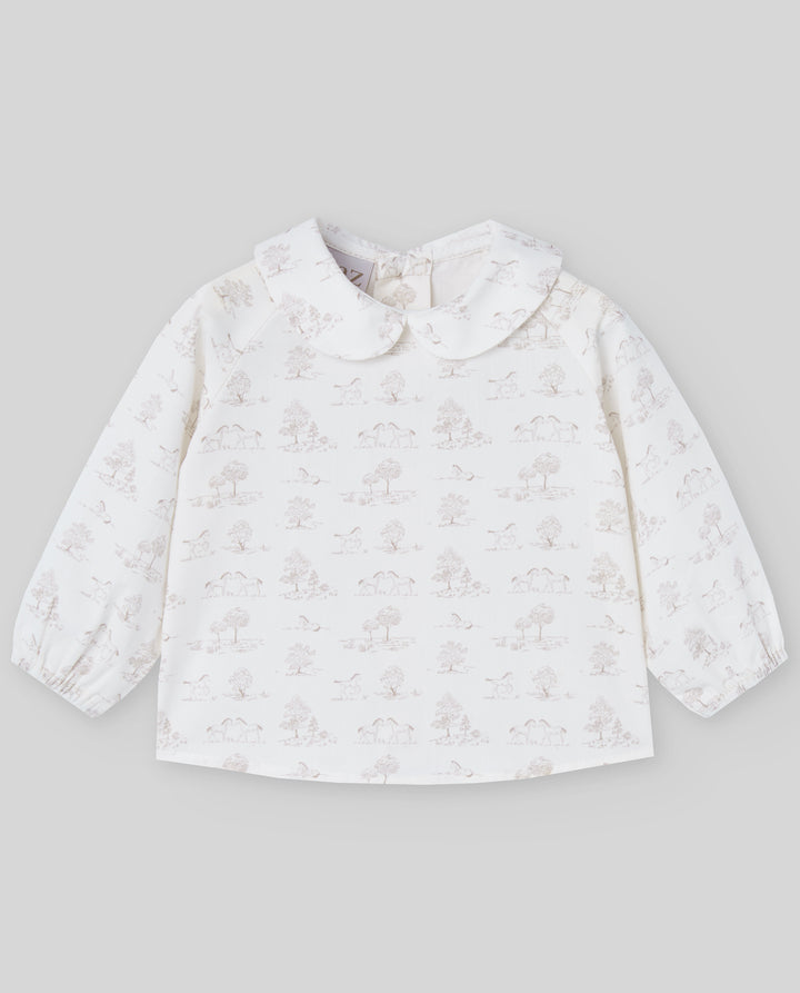 Paz Rodríguez Beige Taupe Overall with Peter Pan Collar Pony Toile Shirt