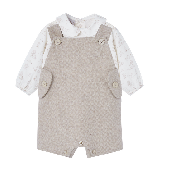 Paz Rodríguez Beige Taupe Overall with Peter Pan Collar Pony Toile Shirt