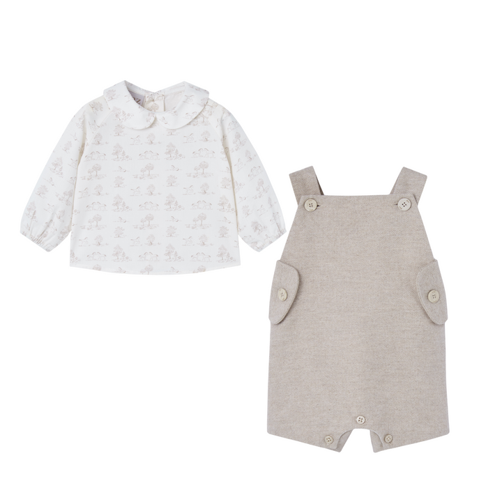 Paz Rodríguez Beige Taupe Overall with Peter Pan Collar Pony Toile Shirt