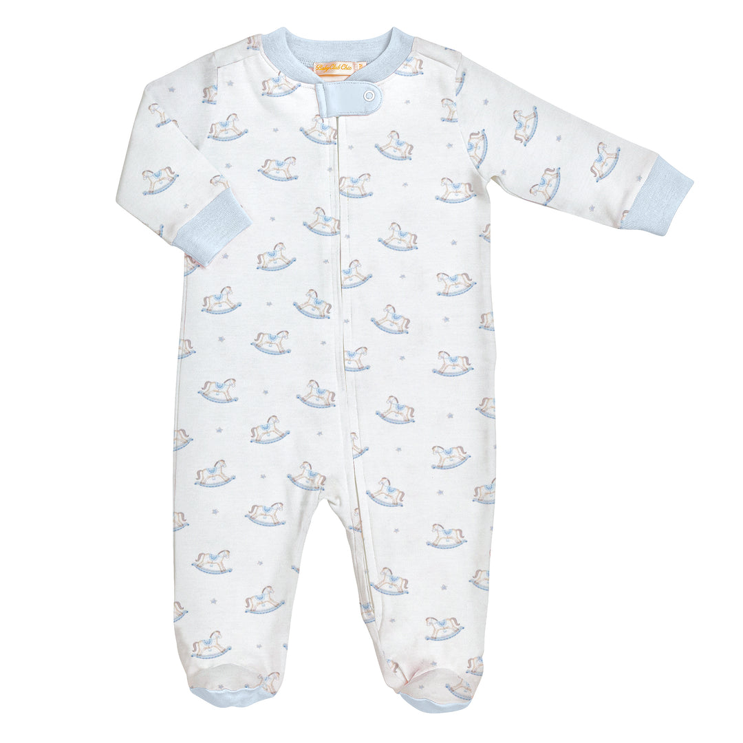 Rocking Horse Print Pima Cotton Zipper Footie – Blue