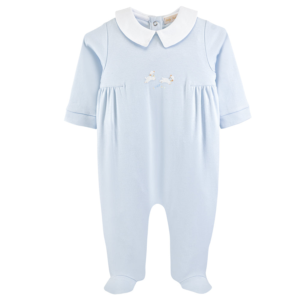 Blue Embroidered Lamb Footie with Peter Pan Collar