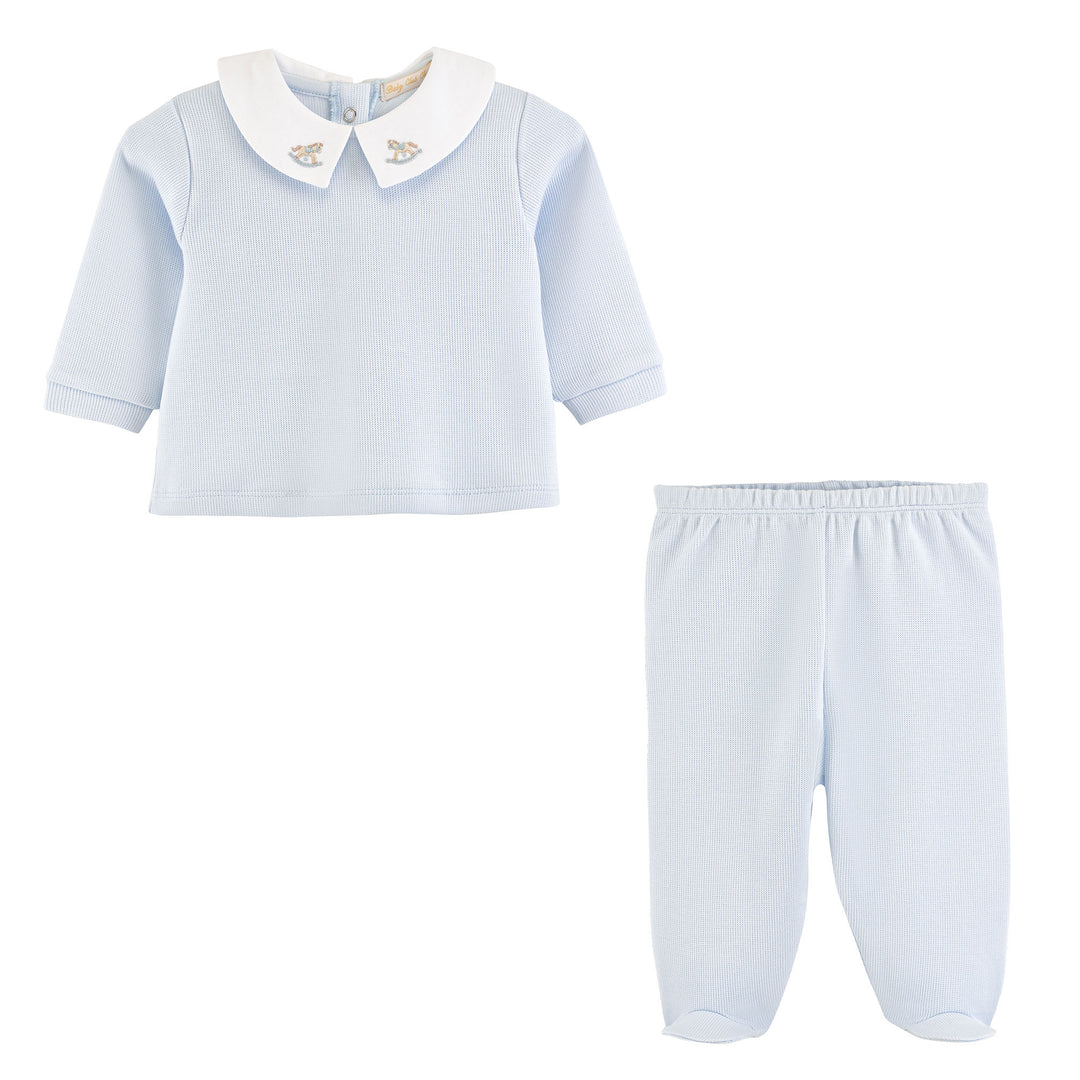 Blue English Knot Pima Cotton 2-Piece Set with Embroidered Collar