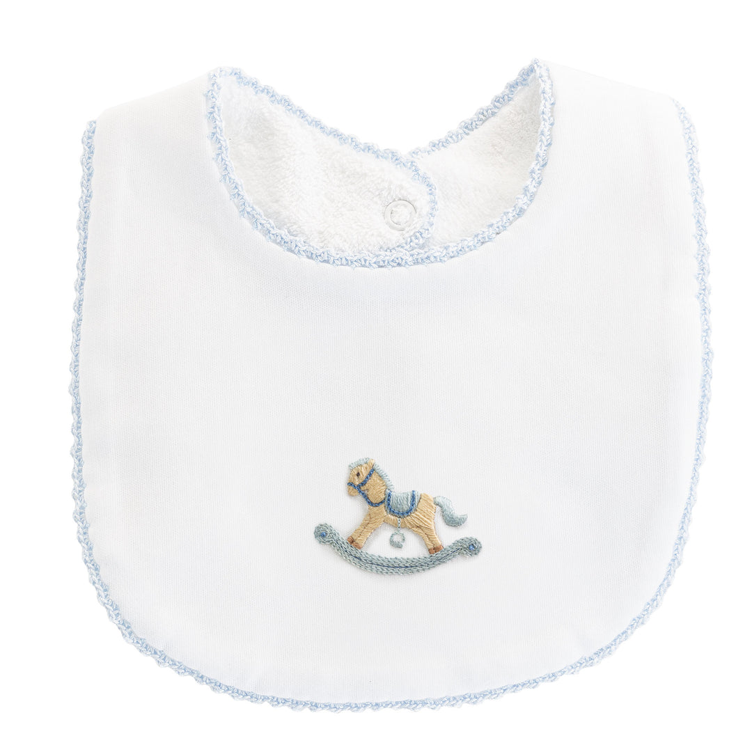 Embroidered Rocking Horse Pima Cotton Bib in Light Blue