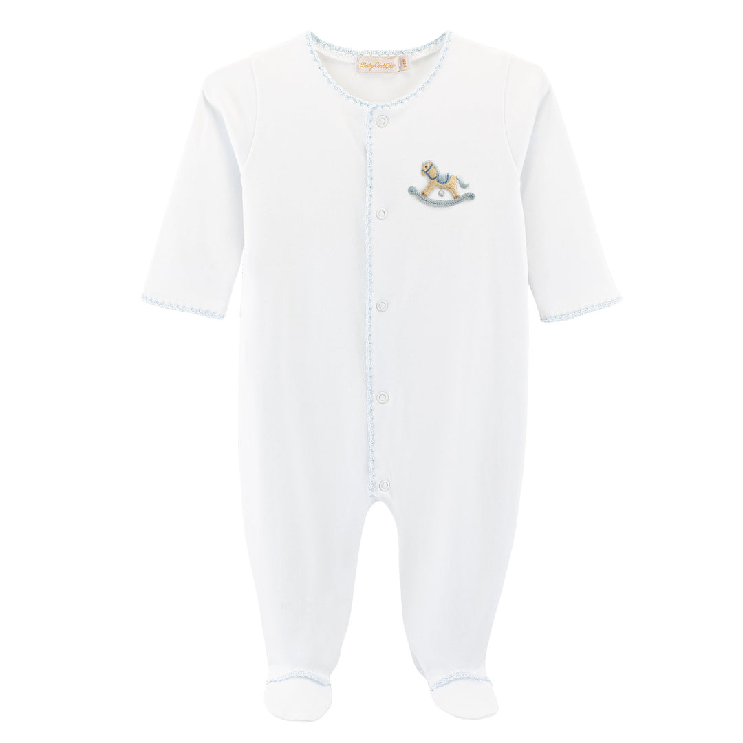 Embroidered Blue Rocking Horse Pima Cotton Footie