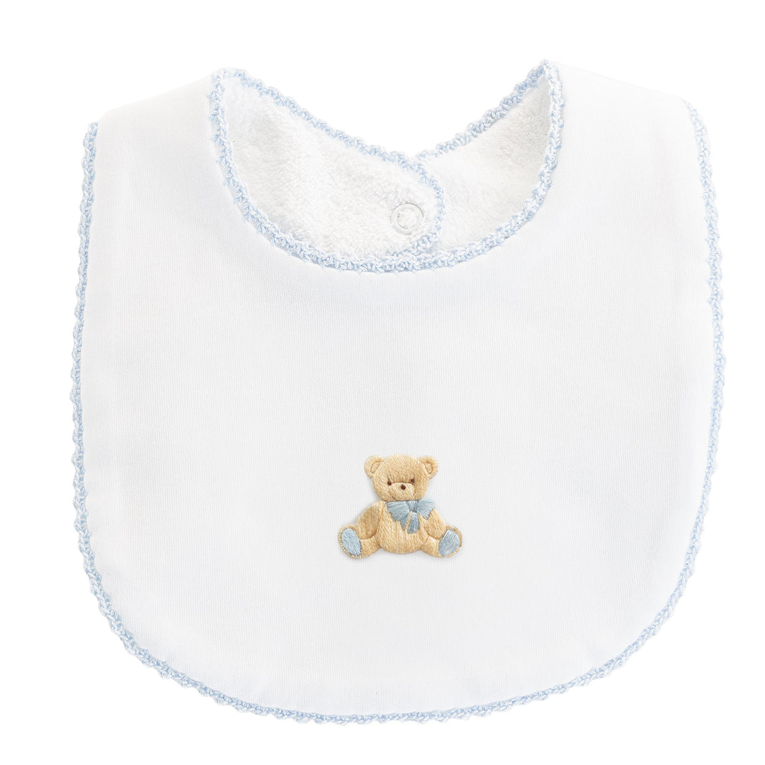Embroidered Toy Teddy Bear Pima Cotton Bib in Light Blue