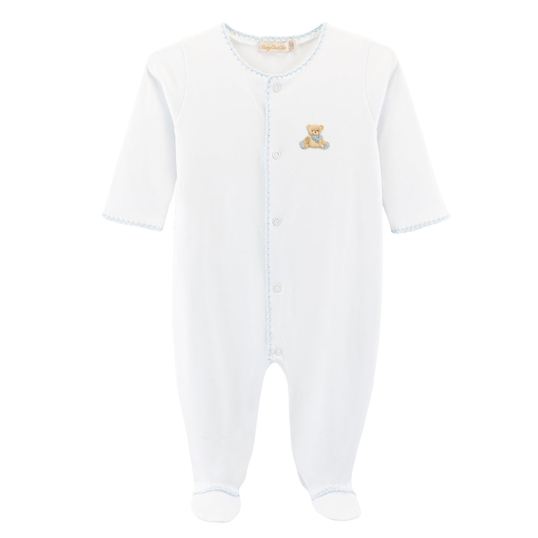 Embroidered Blue Teddy Bear Pima Cotton Footie