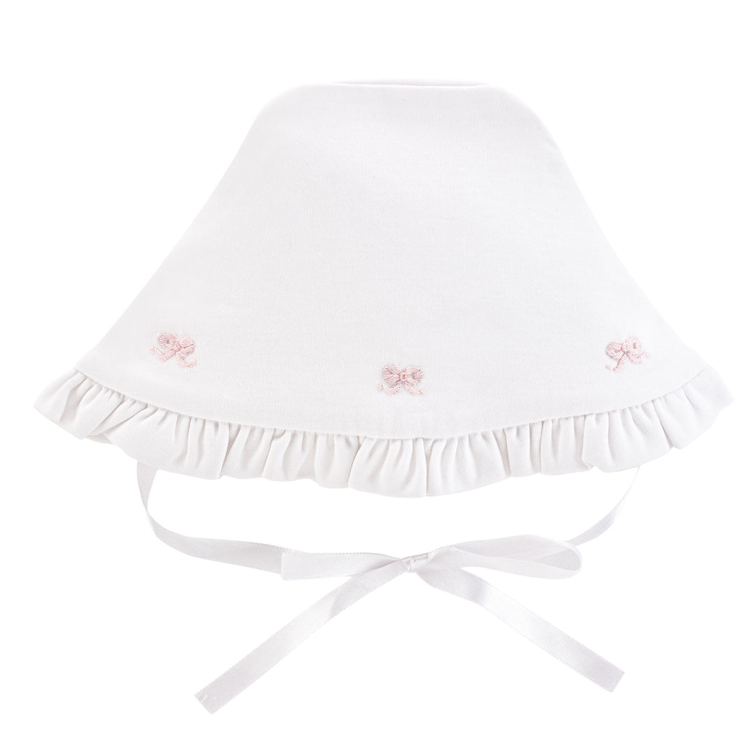 White Pima Cotton Bonnet with Pink Embroidered Bows
