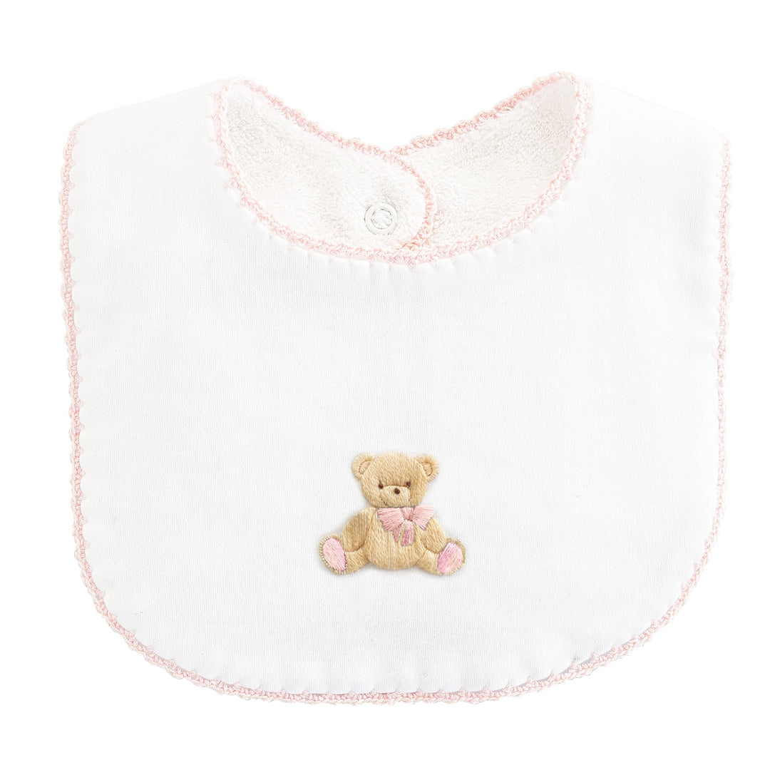 Embroidered Teddy Bear Pima Cotton Bib in Baby Pink