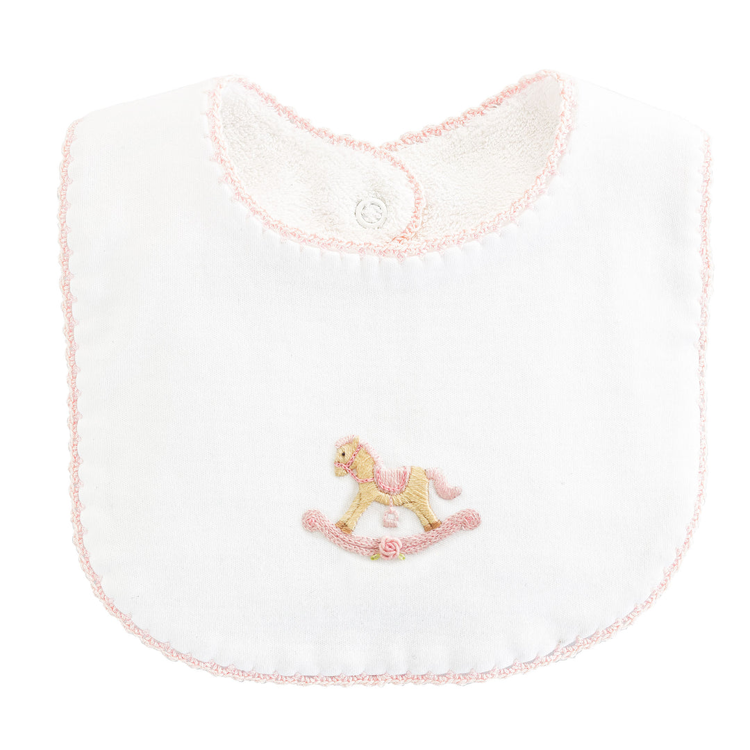 Embroidered Rocking Horse Pima Cotton Bib in Baby Pink