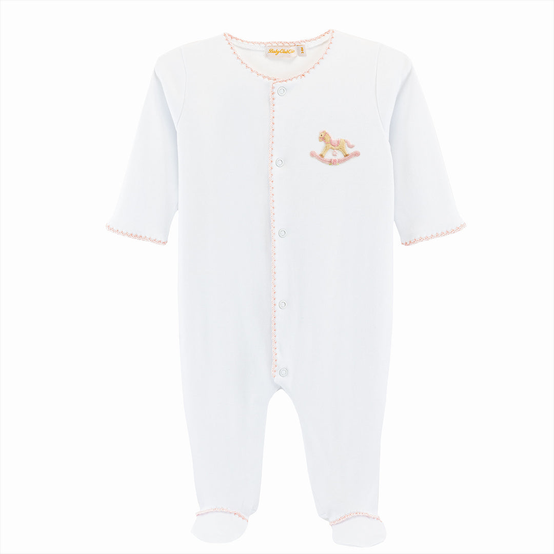 Embroidered Pink Rocking Horse Pima Cotton Footie