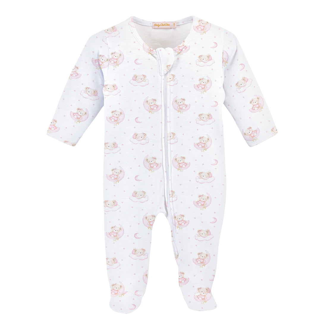 Sleepy Bear Print Pima Cotton Zipper Footie – Pink