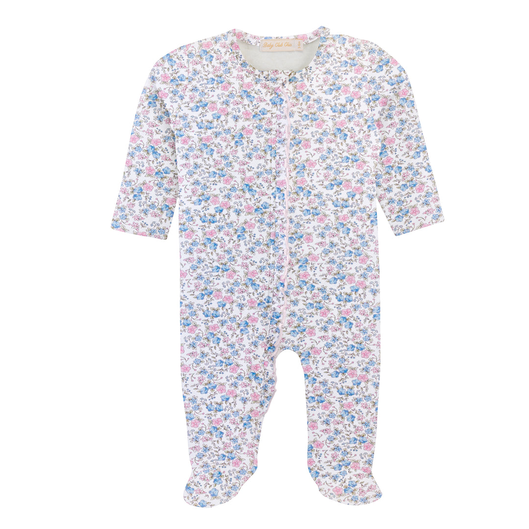 Tiny Soft Floral Printed Pima Cotton Zipper Footie with Ruffle