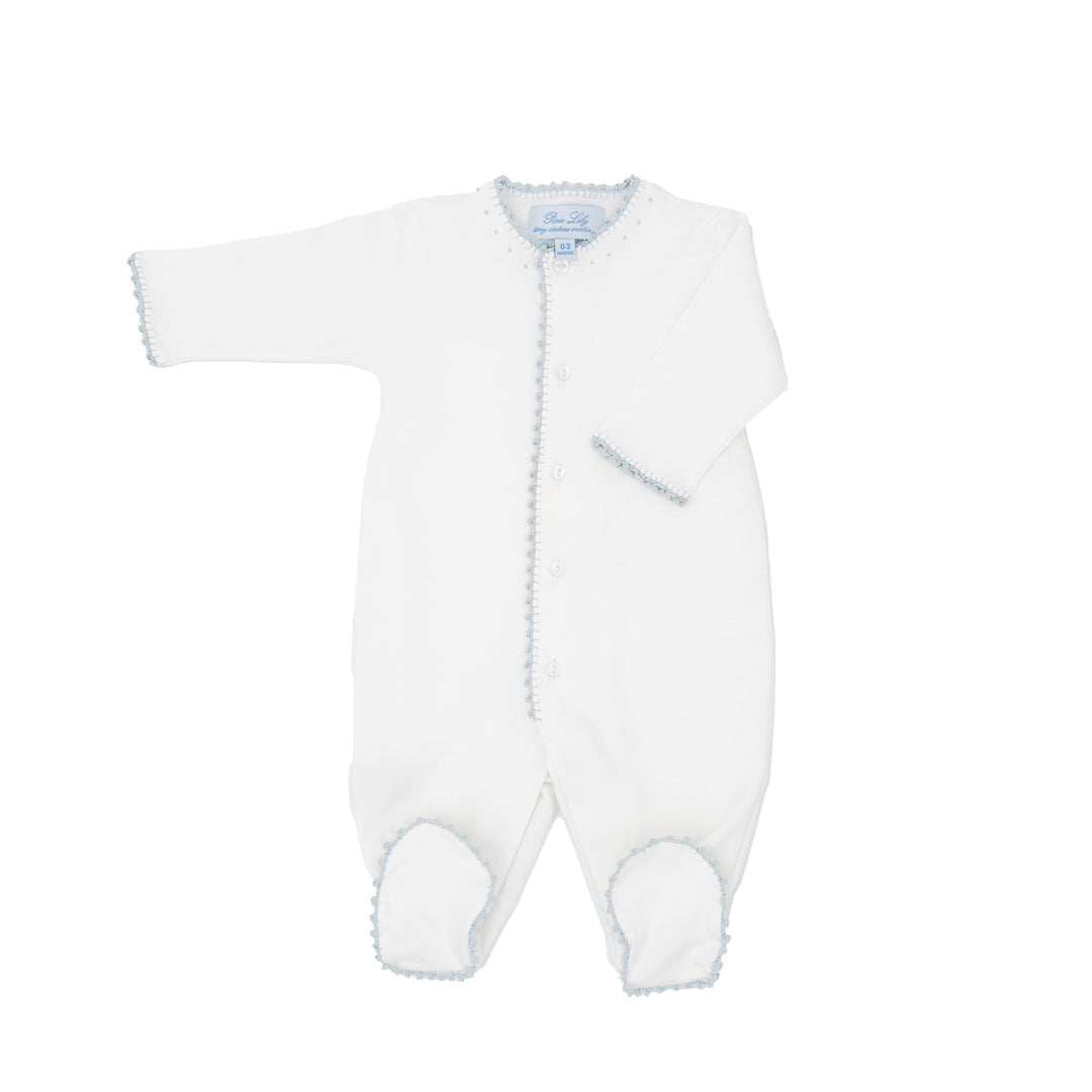 Classic White Footie with Blue Crochet Trim