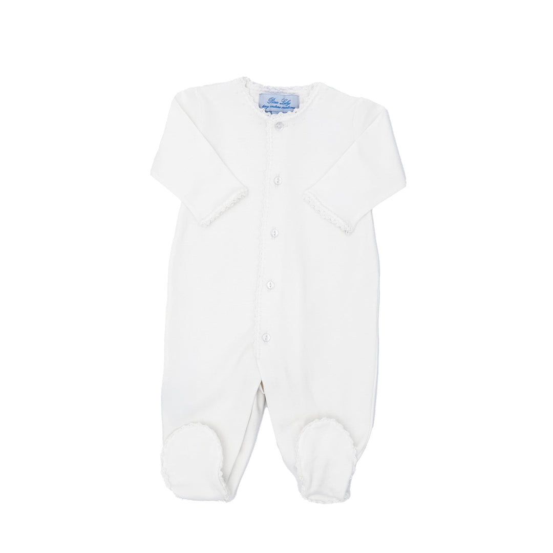 Classic White Footie with White Crochet Trim
