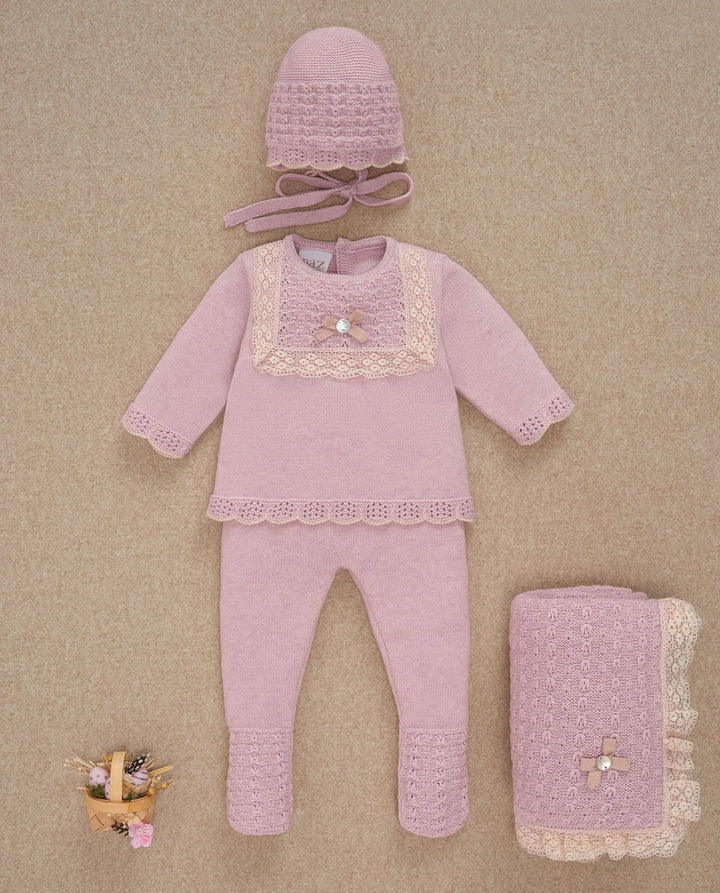 Paz Rodríguez Dusty Pink Knit Baby Set with Bow