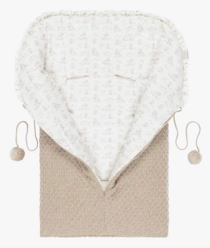 Paz Rodríguez Taupe Knit Baby Nest with Pom Ties in Pony Toile Print