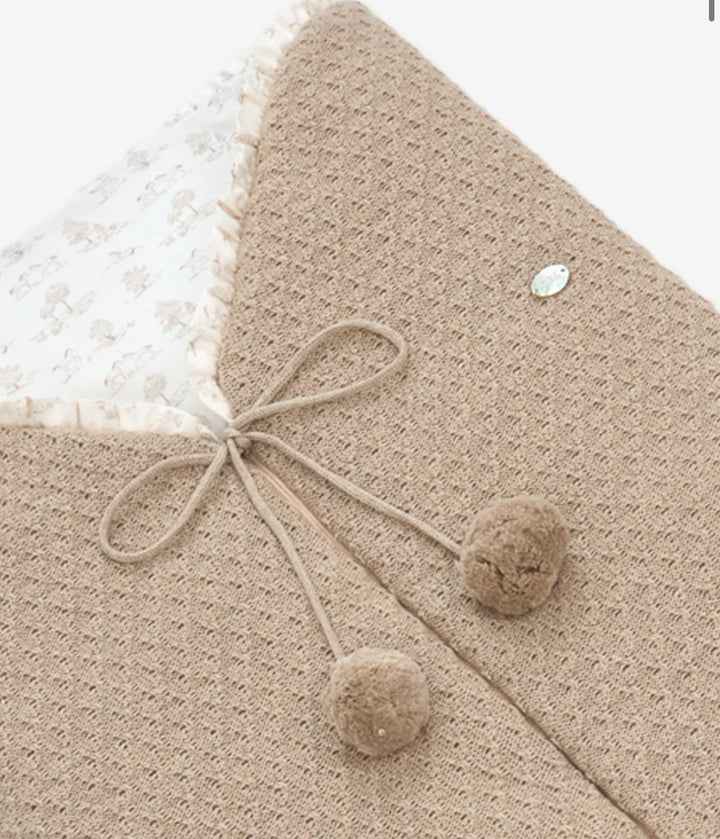 Paz Rodríguez Taupe Knit Baby Nest with Pom Ties in Pony Toile Print