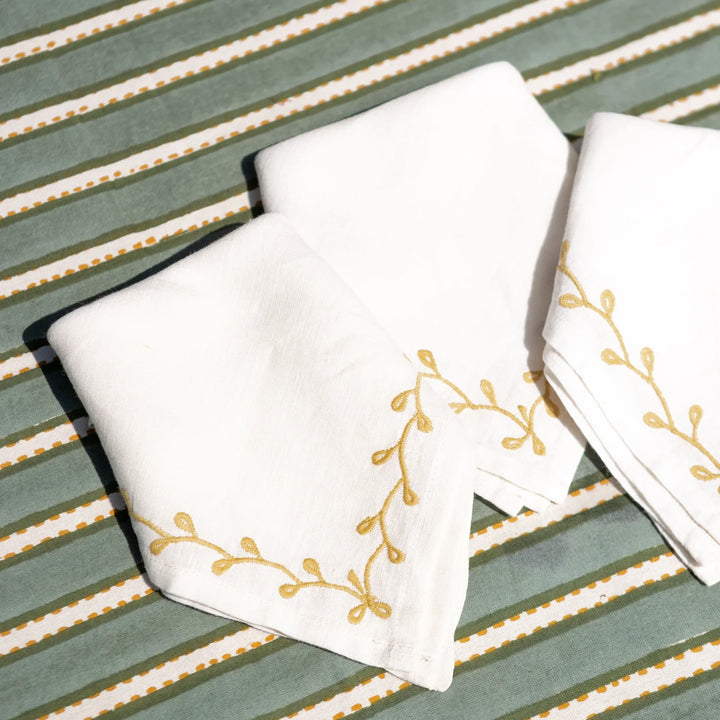 Pomegranate Twig & Bud Mustard Embroidered Linen Napkin - Set of 4