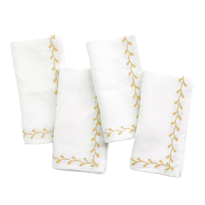 Pomegranate Twig & Bud Mustard Embroidered Linen Napkin - Set of 4