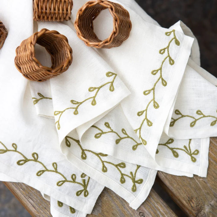 Twig & Bud Moss Embroidered Linen Napkin - Set of 4