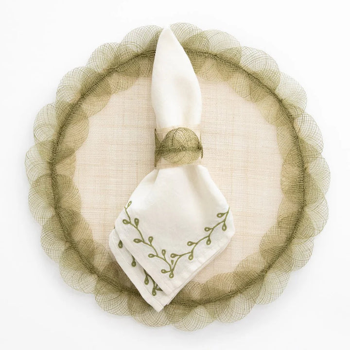 Twig & Bud Moss Embroidered Linen Napkin - Set of 4