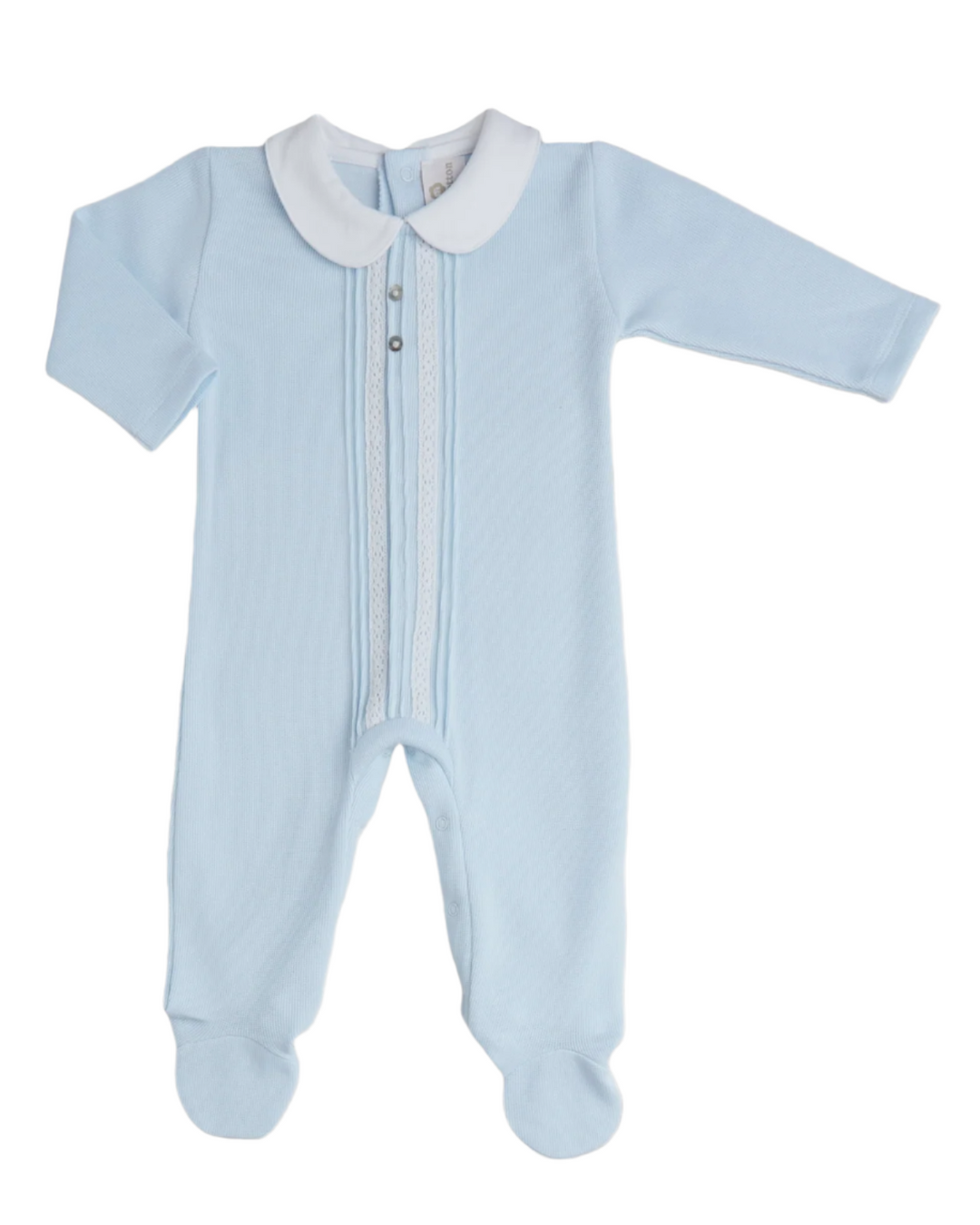 Heirloom Knit Pima Cotton Romper Double Lace Trim - Light Blue