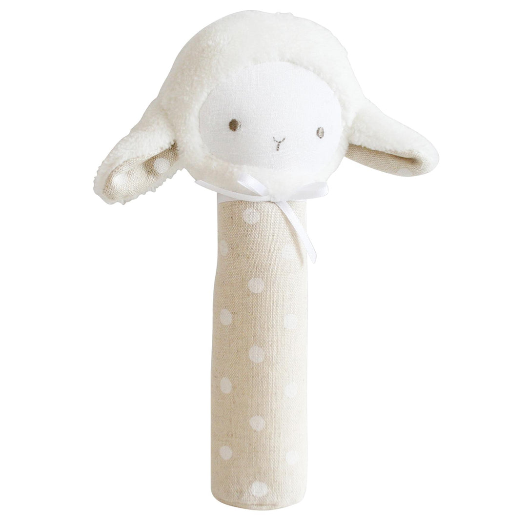 Alimrose Lamby Hand Squeaker – White Linen Spot
