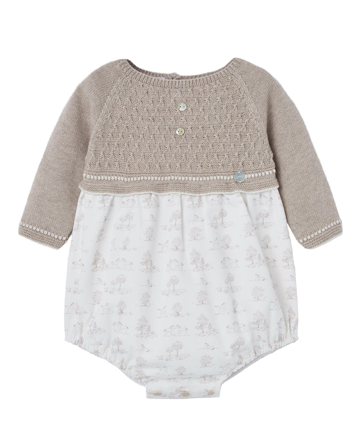 a baby bubble with taupe cashmere and pony toile print