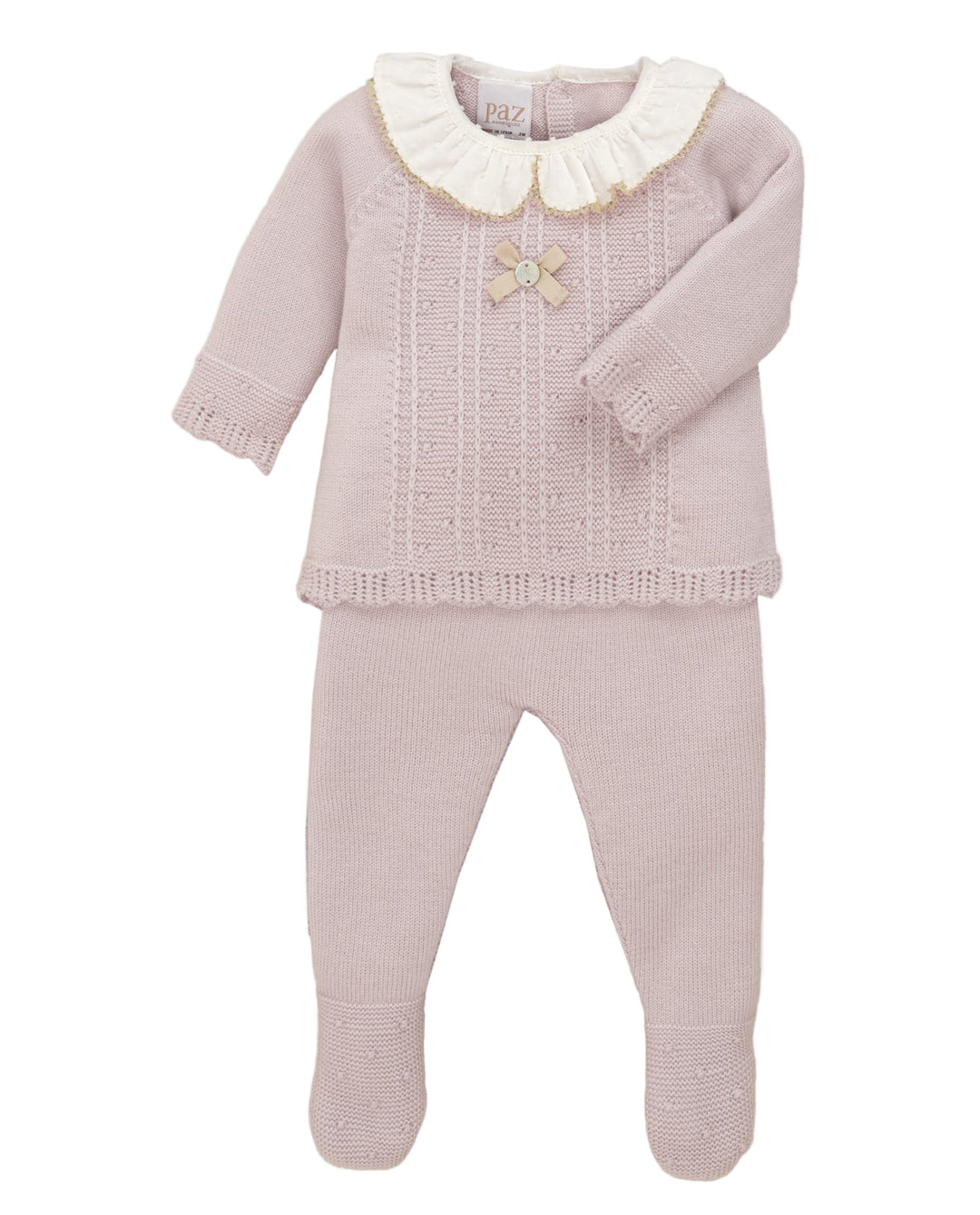 Paz Rodríguez Pink Knit Footie Set with Ruffle Collar