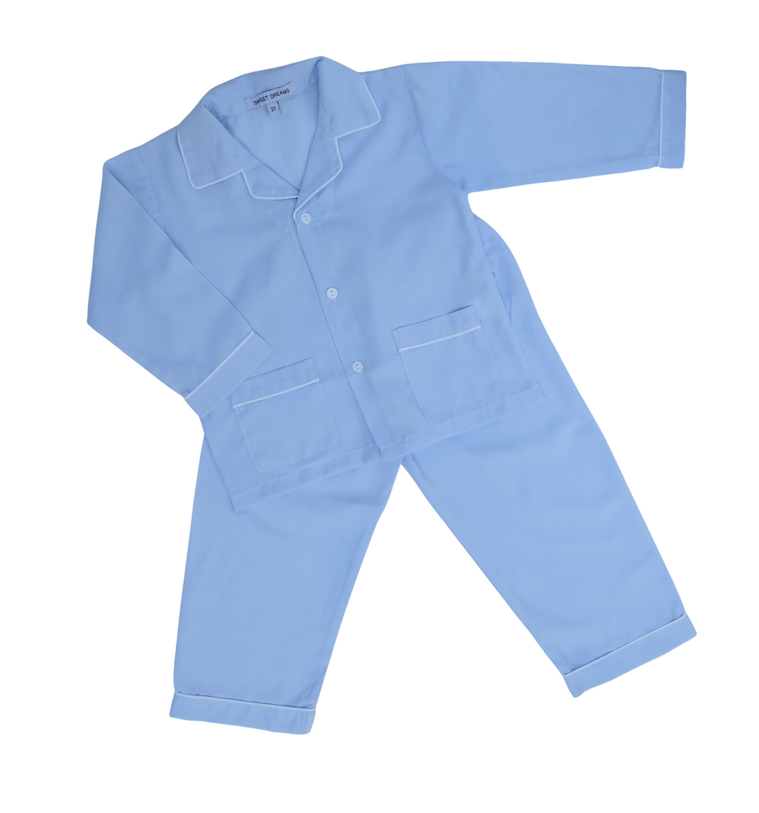 Light Blue Classic Long Pajama Set with White Piping