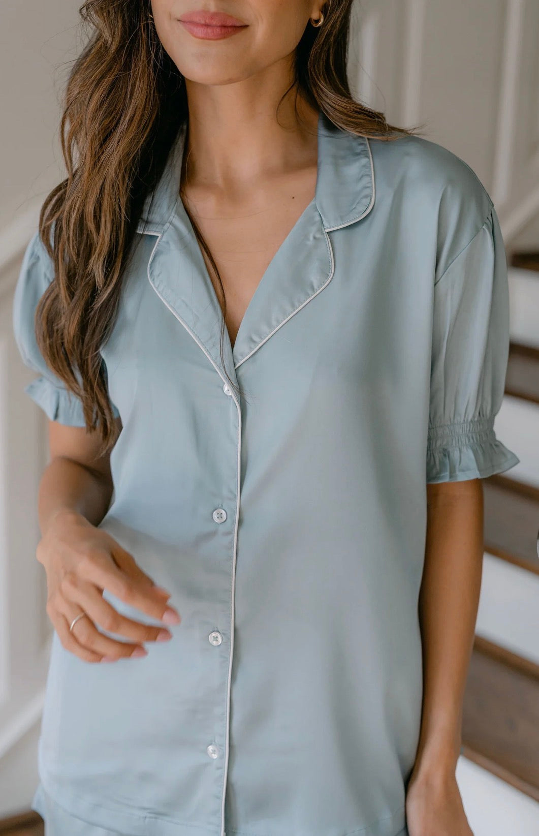 Close up of Blue Satin Pajama Set 