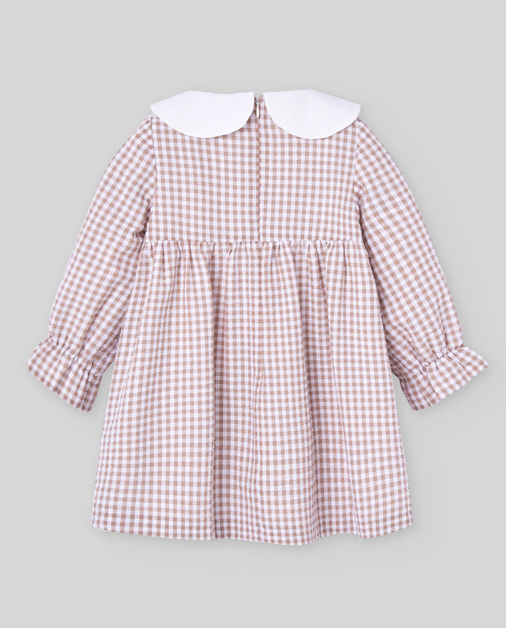 Paz Rodríguez Beige Gingham Dress with Scalloped Collar