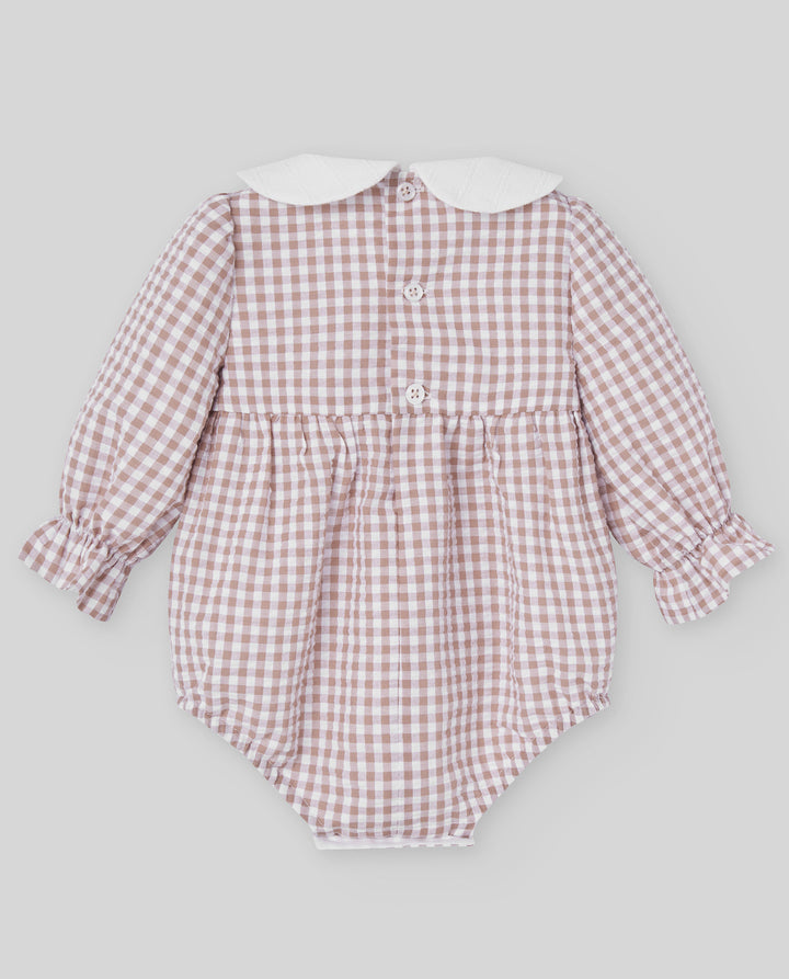 Paz Rodríguez Beige Gingham Baby Romper with Peter Pan Collar