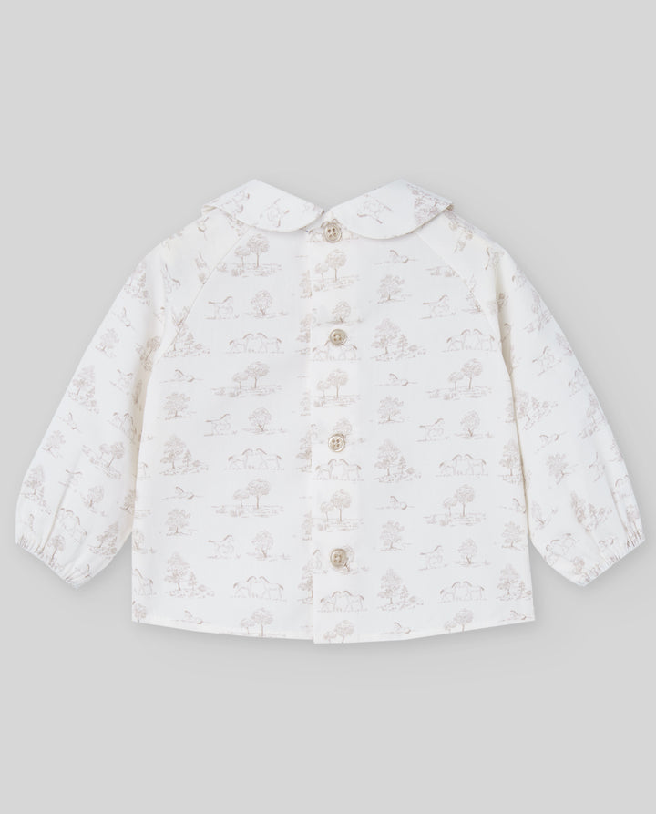 Paz Rodríguez Beige Taupe Overall with Peter Pan Collar Pony Toile Shirt