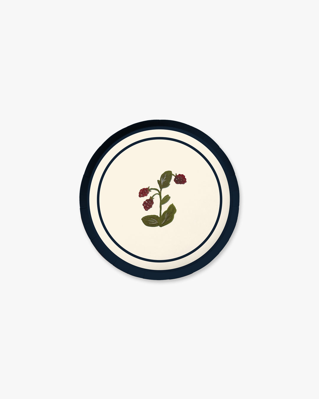 Ivory Botanica hors d'oeuvres paper plate with hand-painted raspberry sprig and navy border