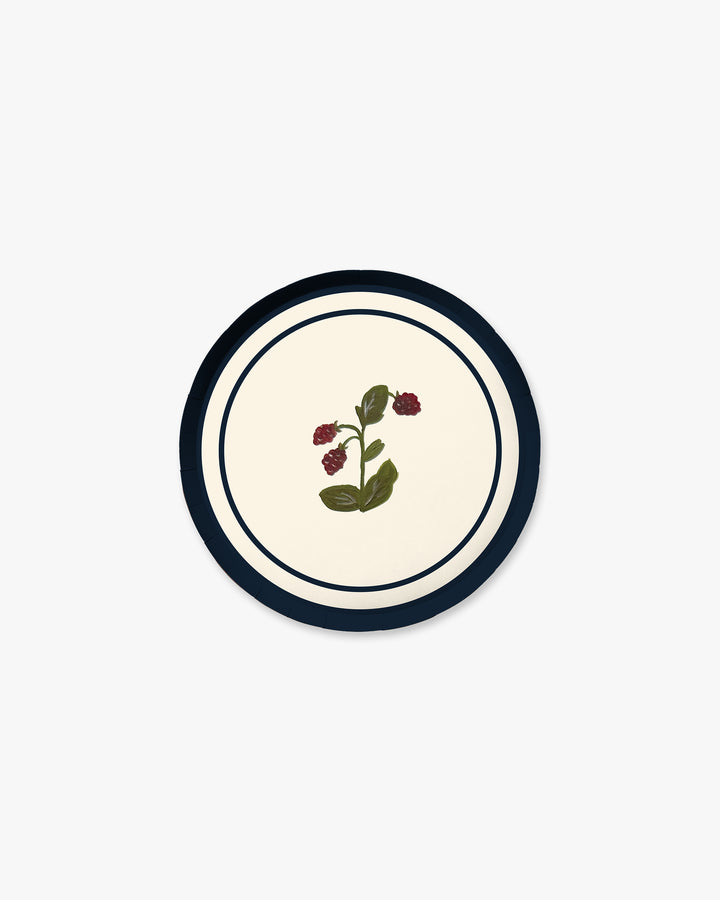 Ivory Botanica hors d'oeuvres paper plate with hand-painted raspberry sprig and navy border