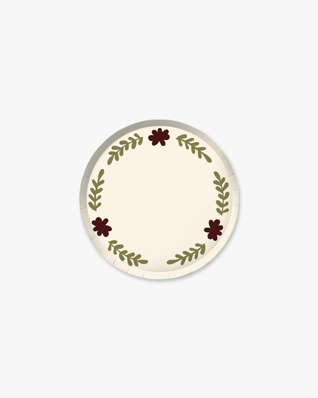 Casa Grand Hors d'Oeuvres Paper Plate Set in creme with olive floral border, front view on white background