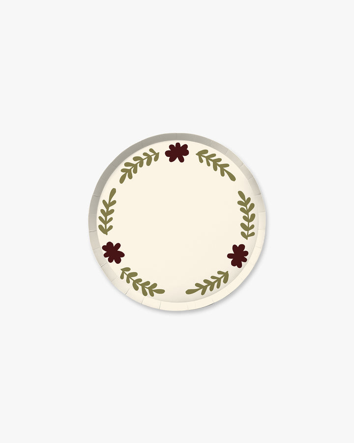 Casa Grand Hors d'Oeuvres Paper Plate Set in creme with olive floral border, front view on white background