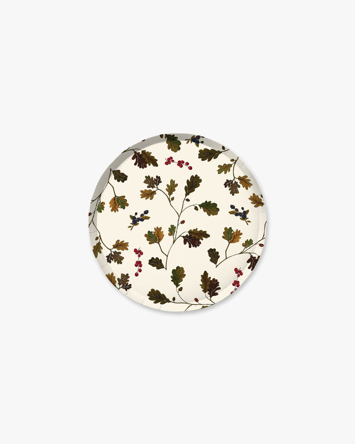 Hickory Hors d'Oeuvres Paper Plate Set in Hollow, woodland-inspired botanical print, front view on white background