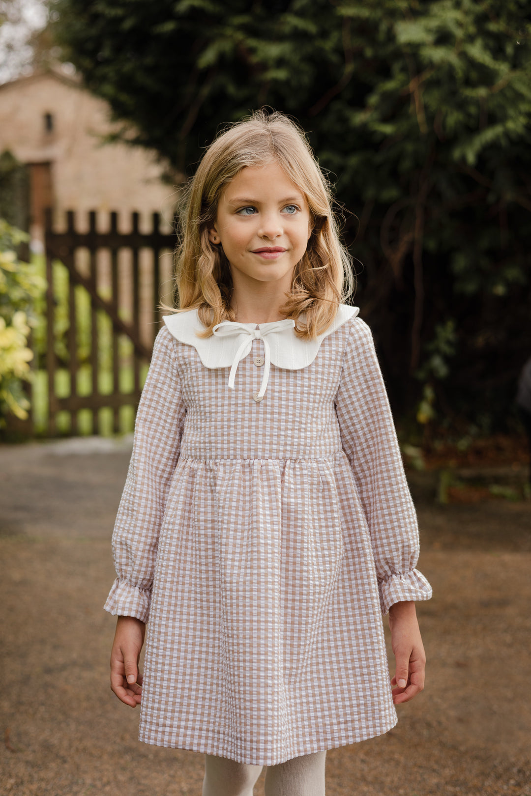 Paz Rodríguez Beige Gingham Dress with Scalloped Collar