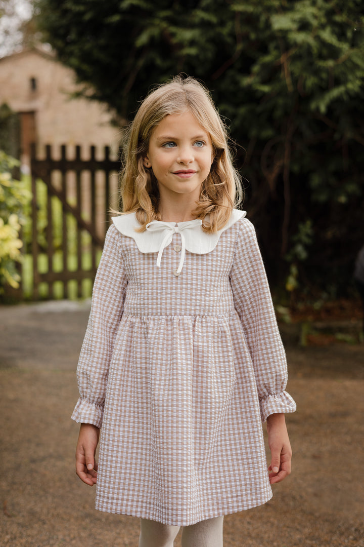 Paz Rodríguez Beige Gingham Dress with Scalloped Collar