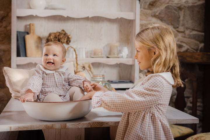 Paz Rodríguez Beige Gingham Baby Romper with Peter Pan Collar