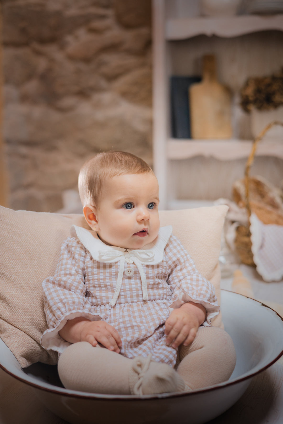 Paz Rodríguez Beige Gingham Baby Romper with Peter Pan Collar