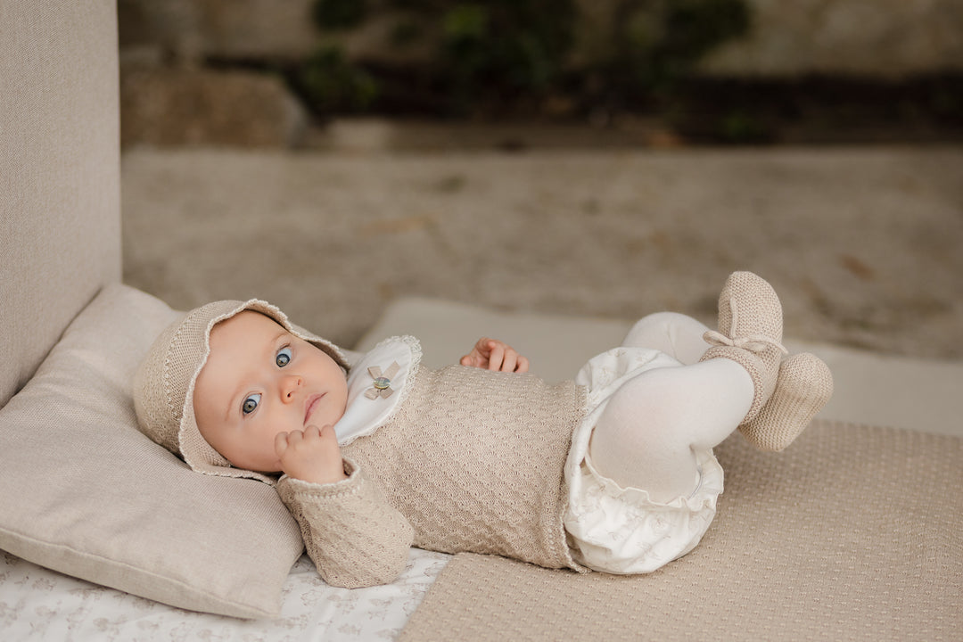 Paz Rodríguez Taupe Knit Set with Pony Toile Print Bloomers