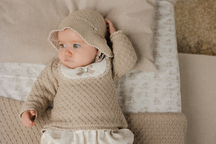 Paz Rodríguez Taupe Knit Set with Pony Toile Print Bloomers