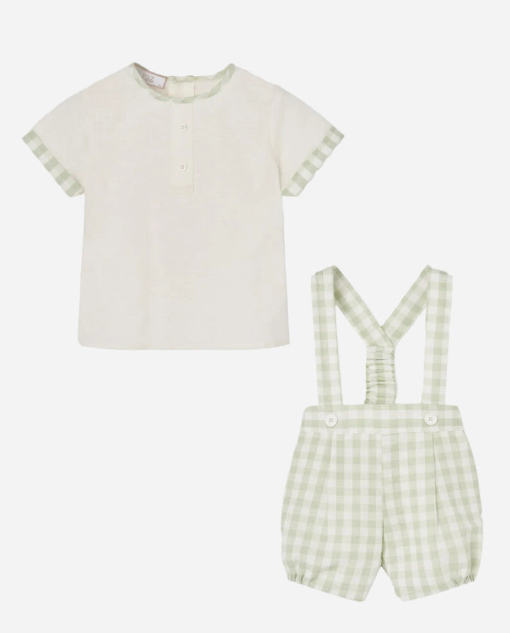 Paz Rodriguez Green Gingham Suspender Short Set