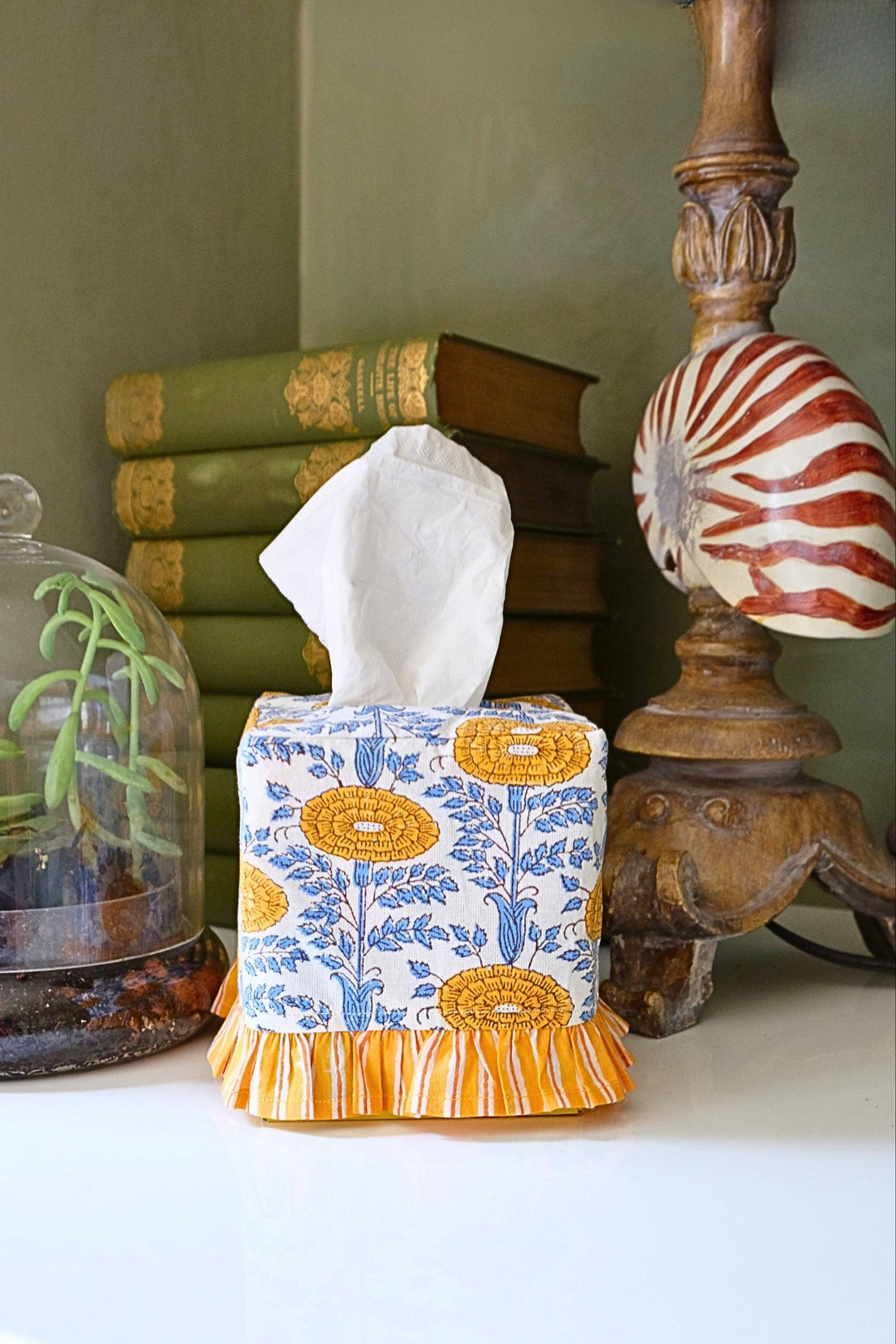 Ruffled Tissue Box Cover in Araminta Yellow Blockprint