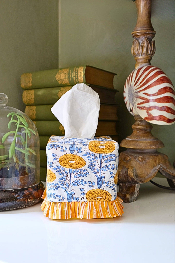 Ruffled Tissue Box Cover in Araminta Yellow Blockprint