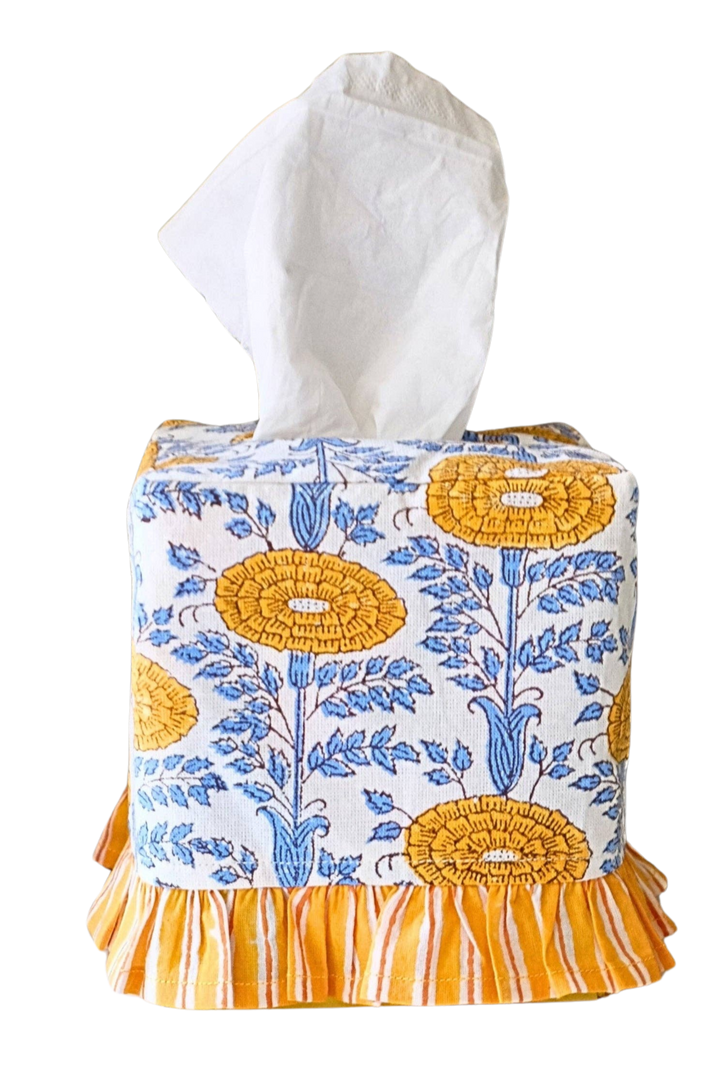 Ruffled Tissue Box Cover in Araminta Yellow Blockprint