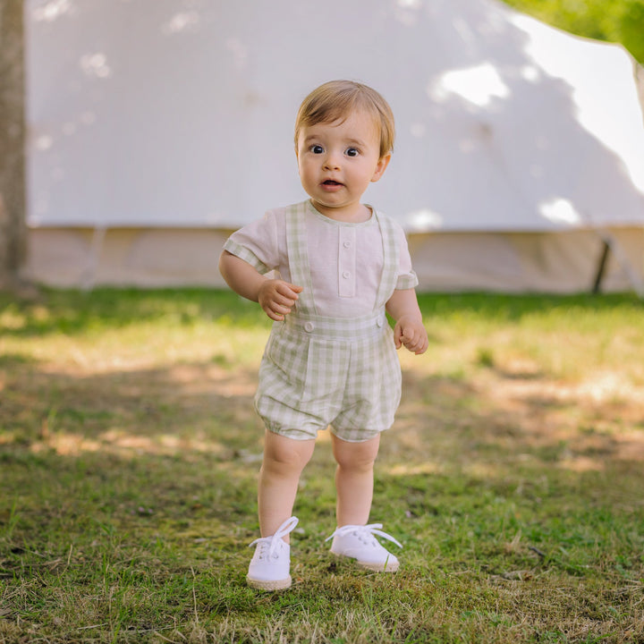 Paz Rodriguez Green Gingham Suspender Short Set
